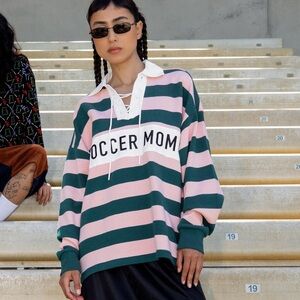 Teddy Fresh Pink Green Striped soccer mom rugby polo lace top size large